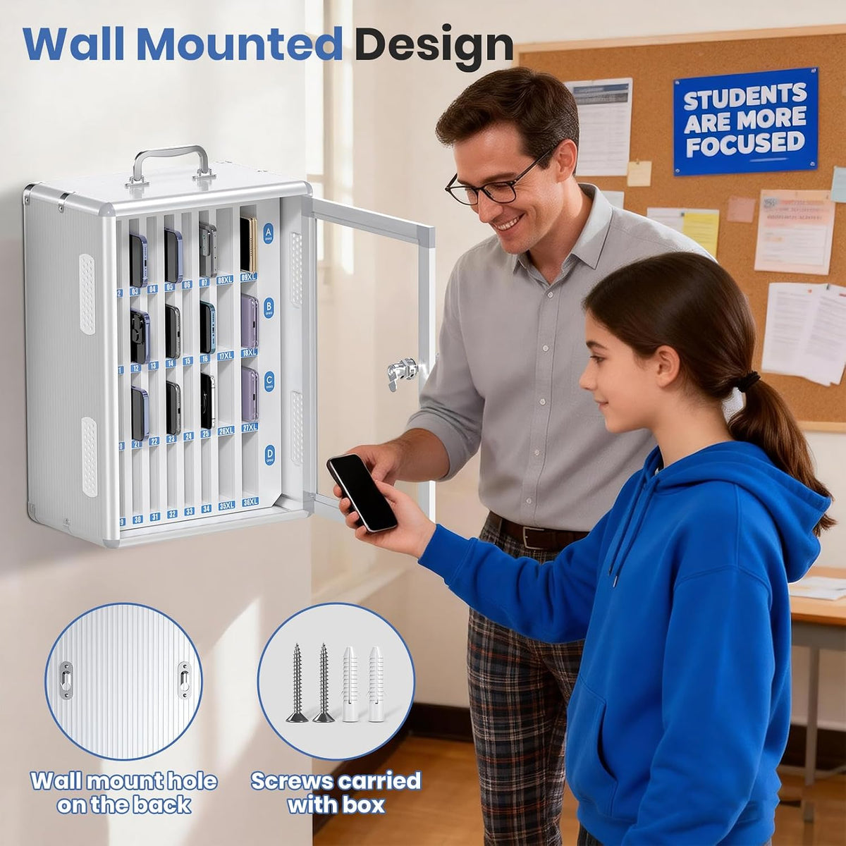 36 Slots Cell Phone Locker for Classroom, Portable Mobile Phone Storage Box with 【2 Different Size Slots】, Phone Lock Box Wall Mounted (Black)
