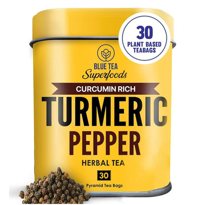 BLUE TEA - Turmeric Tea - Pepper - 30 Count - Pyramid Plant Based Tea Bag | CURCUMIN RICH - HERBAL BLEND | Herbal Tea - Caffeine Free - No Sugar - Earthy Flavor - Healthy | Tin Pack