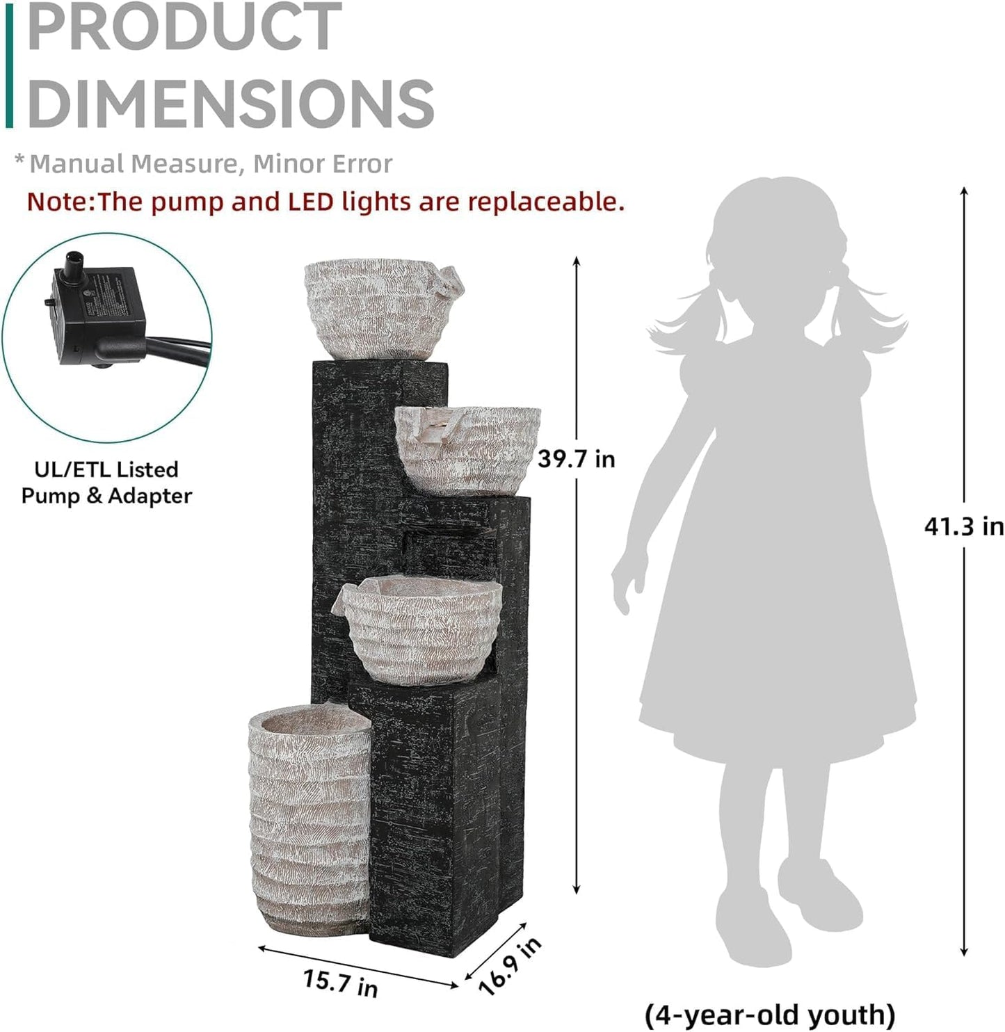 19.5" H 4-Tier Indoor & Outdoor Water Fountain with LED Lights | Resin Pebble Textured Tabletop Cascading Water Feature, Relaxing Decor for Patio, Porch, Deck, Yard & Home