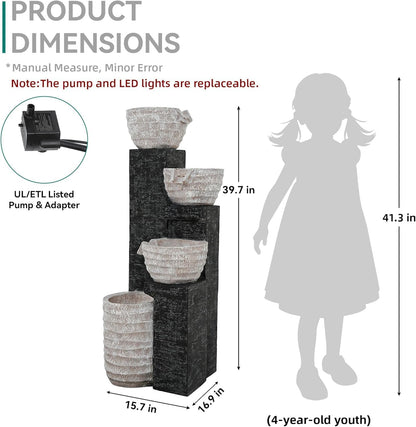 19.5" H 4-Tier Indoor & Outdoor Water Fountain with LED Lights | Resin Pebble Textured Tabletop Cascading Water Feature, Relaxing Decor for Patio, Porch, Deck, Yard & Home