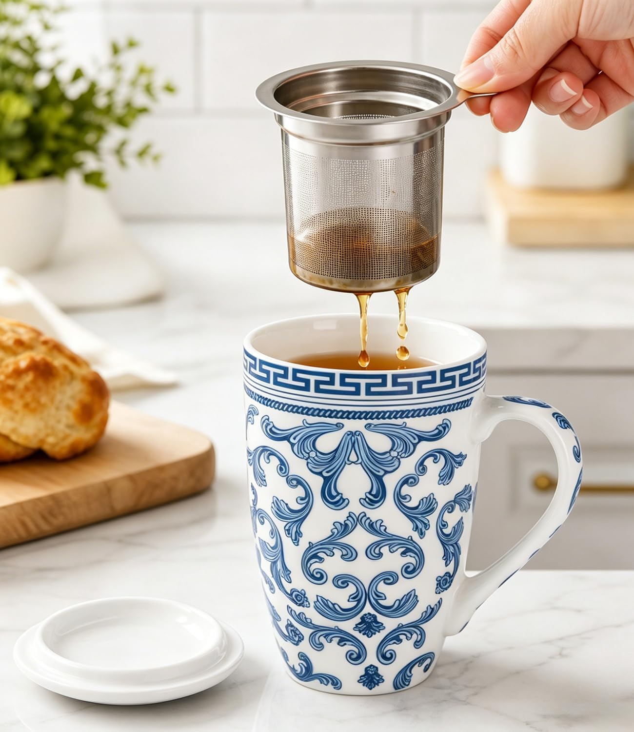 AmorArc 18oz Porcelain Tea Mug with Infuser & Lid, Loose Leaf Tea Cup with Stainless Steel Strainer, Large Coffee Mug Gift for Women, Tea Lovers, Home & Office