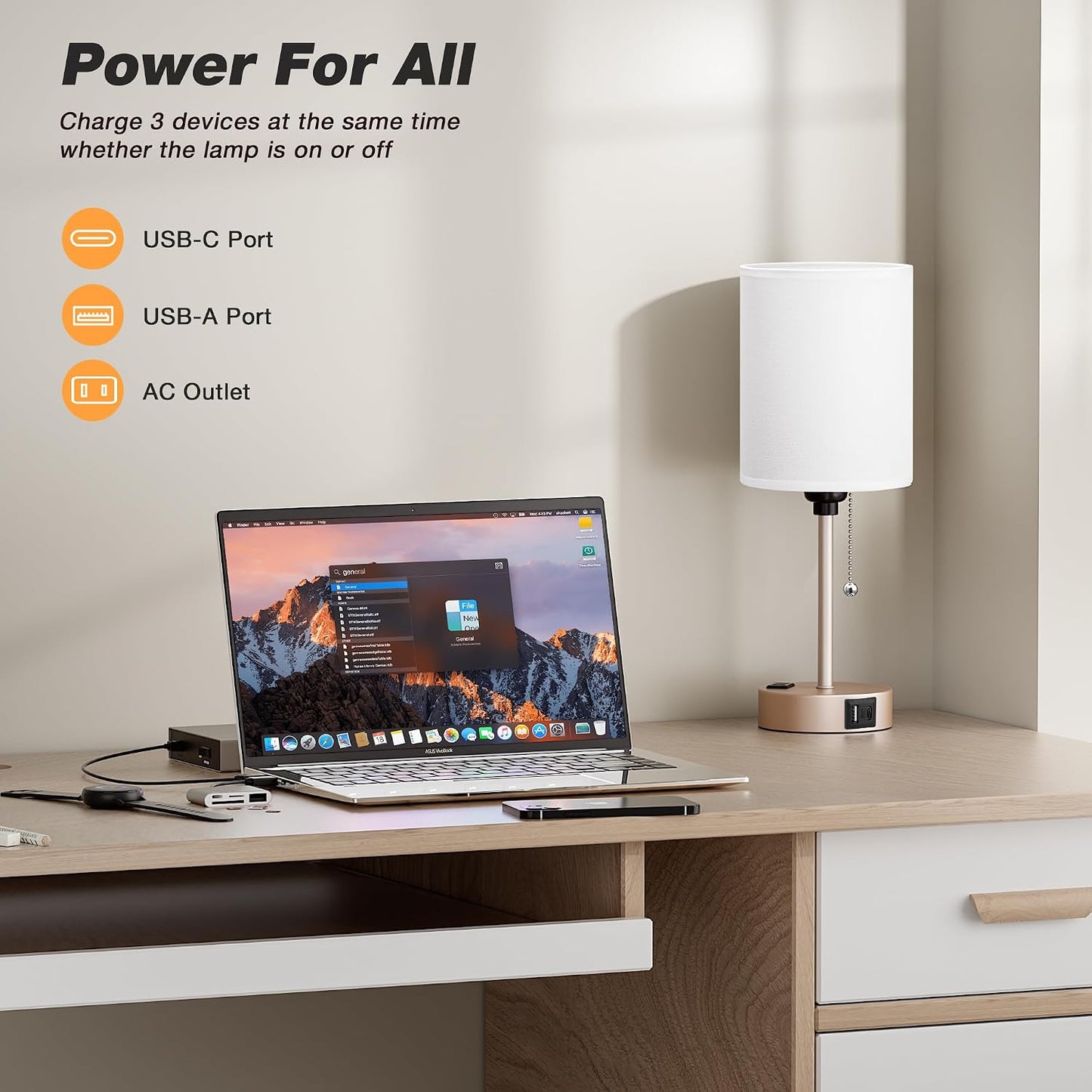 Small Bedside Table lamp for Bedroom - 3 Color Temperatures Bedside Lamps with USB C and A Ports, Pull Chain Table Lamps with AC Outlet, White Nightstand Lamps with Black Metal Base for Kids Reading