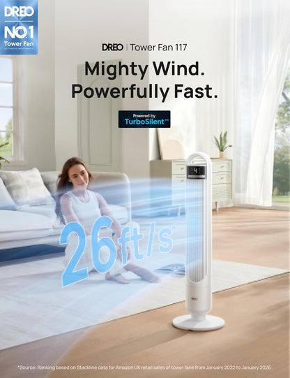 DREO Tower Fan for Bedroom, 90° Oscillating Standing Fans for Room with 4 Speeds, 3 Modes, 28dB Quiet for Sleep, 26ft/s Velocity, 8H Timer, Remote, Living Room, Office, Home, Black