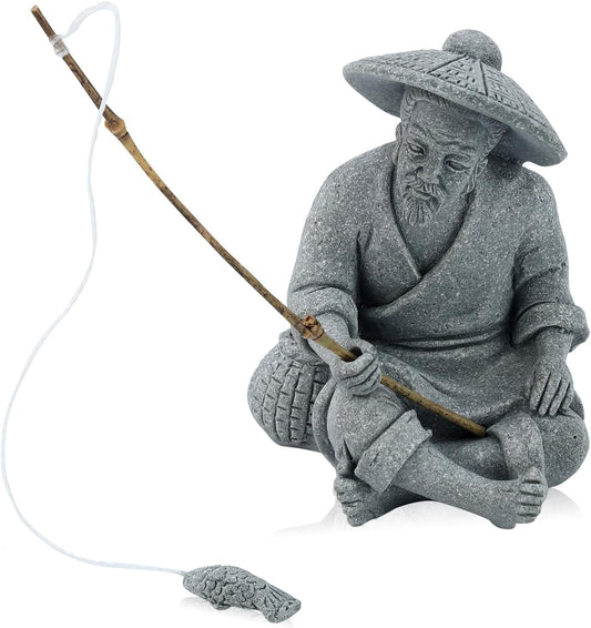 Sandstone Mini Fisherman Statue Old Man Figurine Sitting Fishing Elder Sculpture Asian Zen Decoration Vintage Ornament for Fish Tank Pot Garden Home - Style C