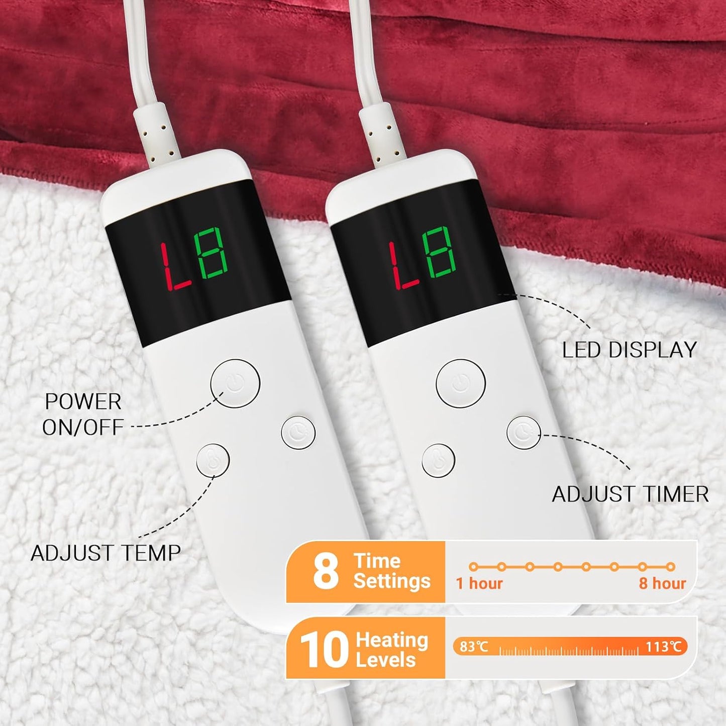 Electric Heated Blanket Throw Size 50''x60''-Control Heating Blanket, Soft & Warm Flannel 10-Level Temperature Control, 8 Hours Auto Off, Rapid Heating & Overheat Protection