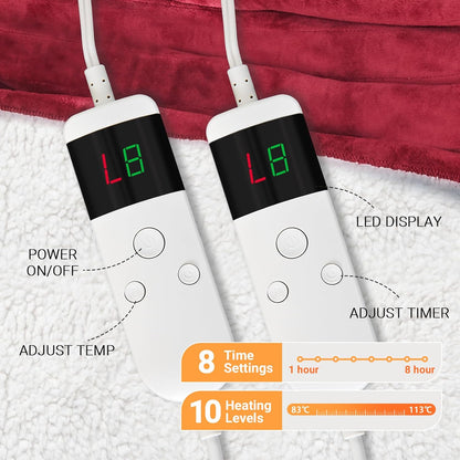Electric Heated Blanket Throw Size 50''x60''-Control Heating Blanket, Soft & Warm Flannel 10-Level Temperature Control, 8 Hours Auto Off, Rapid Heating & Overheat Protection