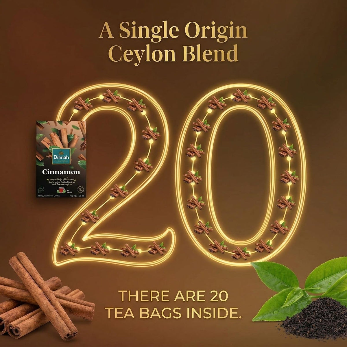 Dilmah Cinnamon Black Tea – 20 Tea Bags | Fun Flavored Ceylon Tea, Warm Spiced Aroma, Medium Caffeine, Ceylon cinnamon tea bags