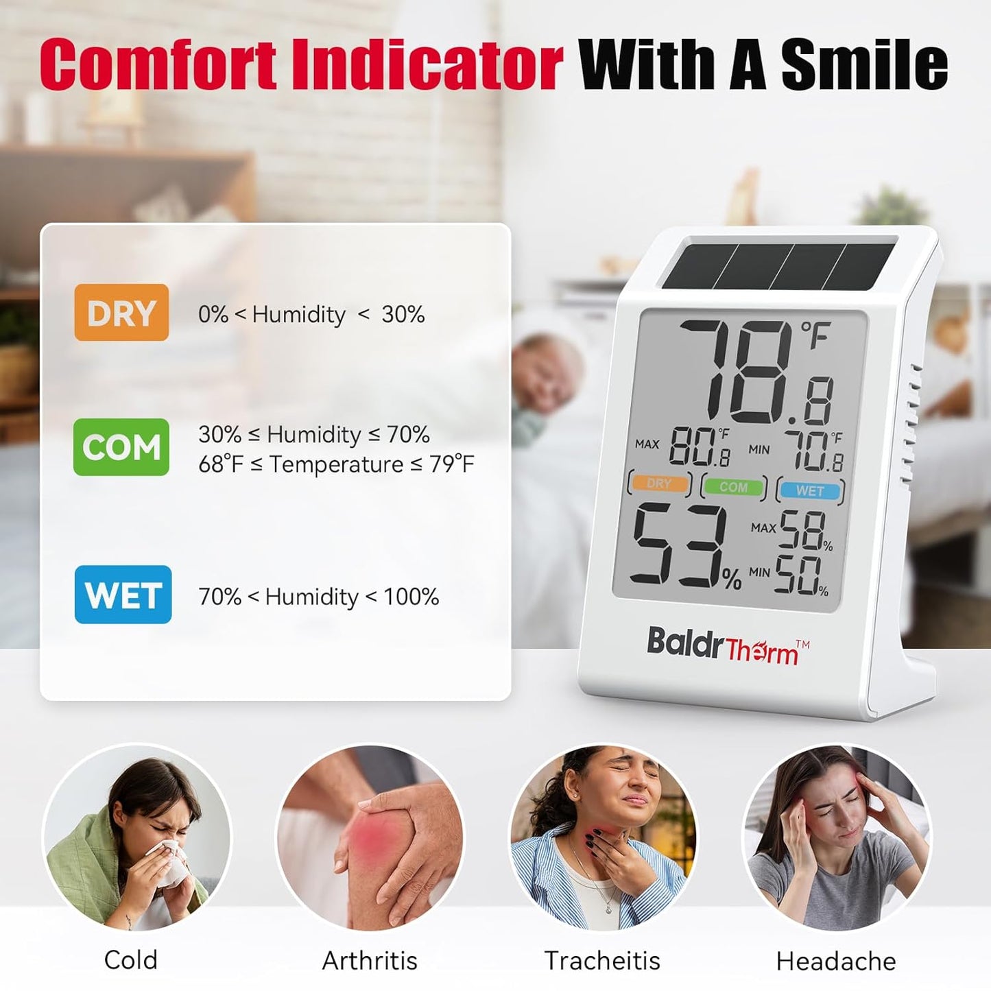 BaldrTherm Room Thermometer Indoor Humidity Meter Solar Powered with Max/Min Memory & Comfort Indicator - 3.2" Large Display for Home, White