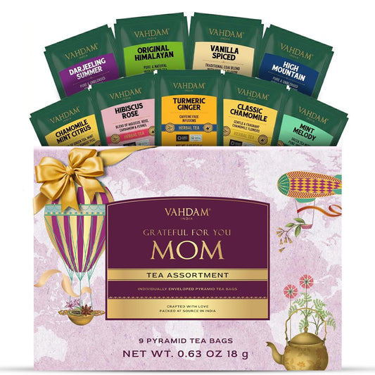 Limited Edition - Mothers Day Gifts for Mom from Son, Daughter | Assorted Tea Gift Set - 9 Tea Variety Pack | Long Leaf Pyramid Tea Bags | Mothers Day Gifts for Mom/Grandmother | VAHDAM