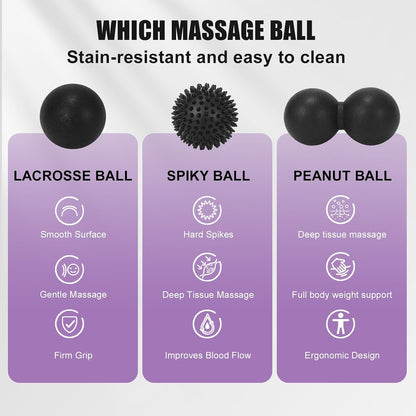 3-in-1 Massage Ball Set, Peanut Ball, Spiky, Lacrosse for Plantar Fasciitis | Includes peanut, spiky & lacrosse balls. For yoga, myofascial release, deep tissue massage, back neck shoulder pain relief.