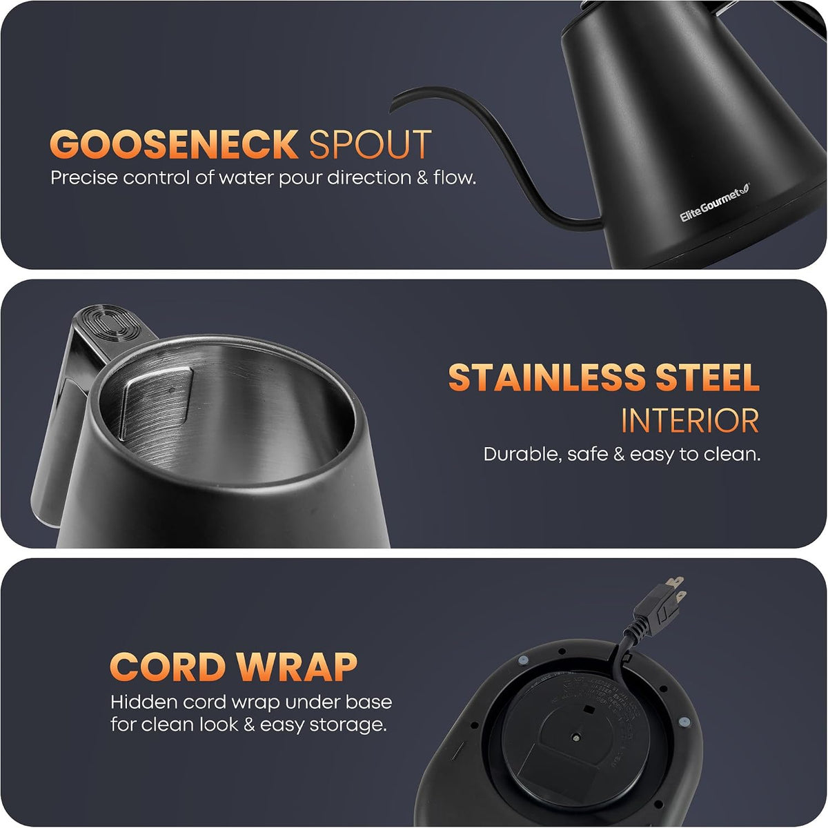 Elite Gourmet EKT1001 1.0L Glass Kettle, 1100W, Cordless Base, Black