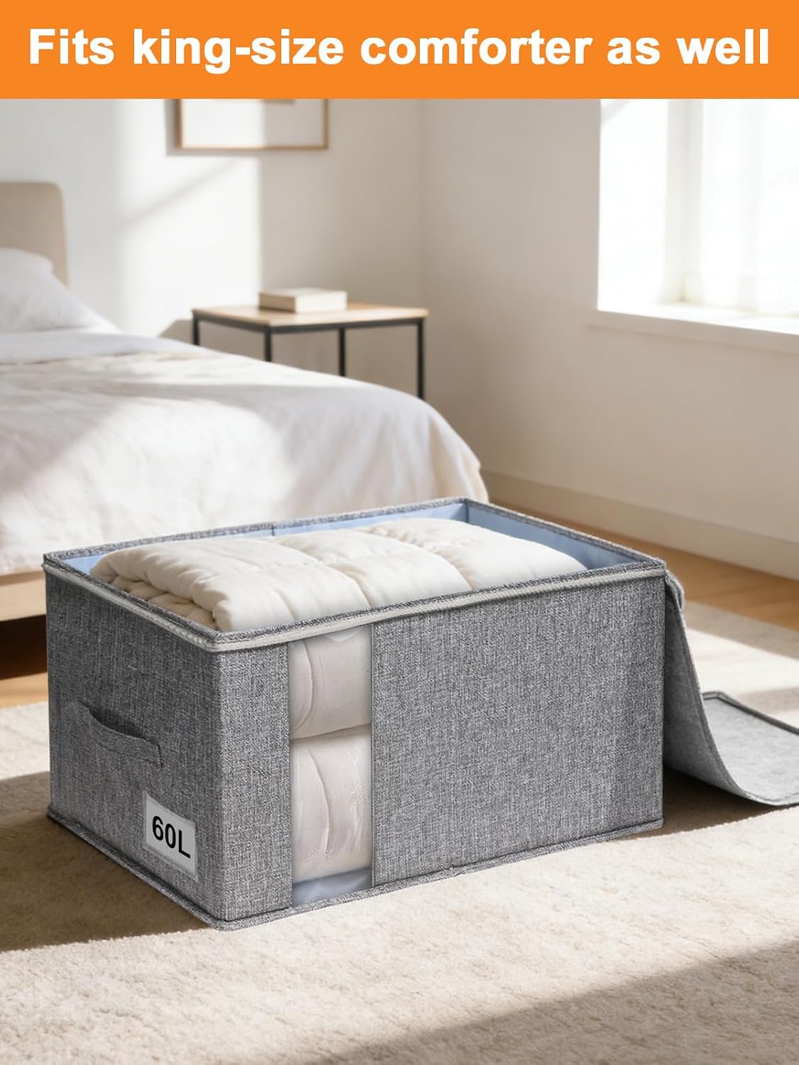 punemi 60L Sturdy Comforter Storage Bag, Blanket Organizer, Grey