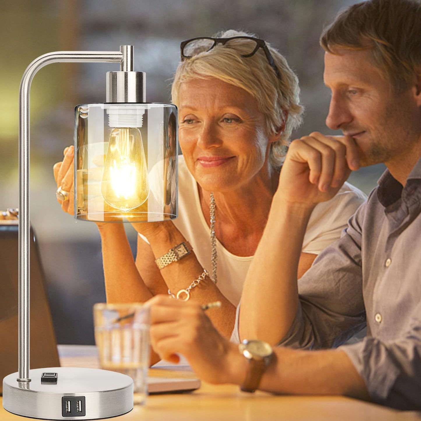 Set of 2 Industrial Touch Control Table Lamps with USB C+A Ports and AC Outlet - 3-Way Dimmable Black Bedside Lamps Nightstand Desk Lamps for Bedroom Living Room, Glass Shade & 2 LED Bulbs Included