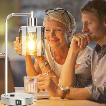 Set of 2 Industrial Touch Control Table Lamps with USB C+A Ports and AC Outlet - 3-Way Dimmable Black Bedside Lamps Nightstand Desk Lamps for Bedroom Living Room, Glass Shade & 2 LED Bulbs Included