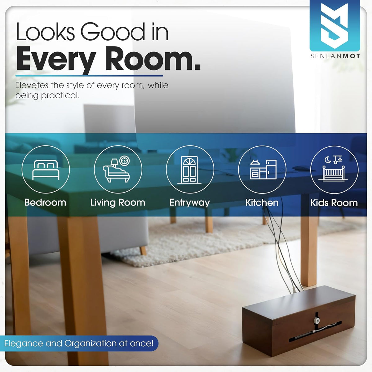 Wooden Cable Management Box – Modern Wire Organizer Box & Power Strip Cover for Home or Office | Large Cable Hider for Wires, Chargers & Extension Leads