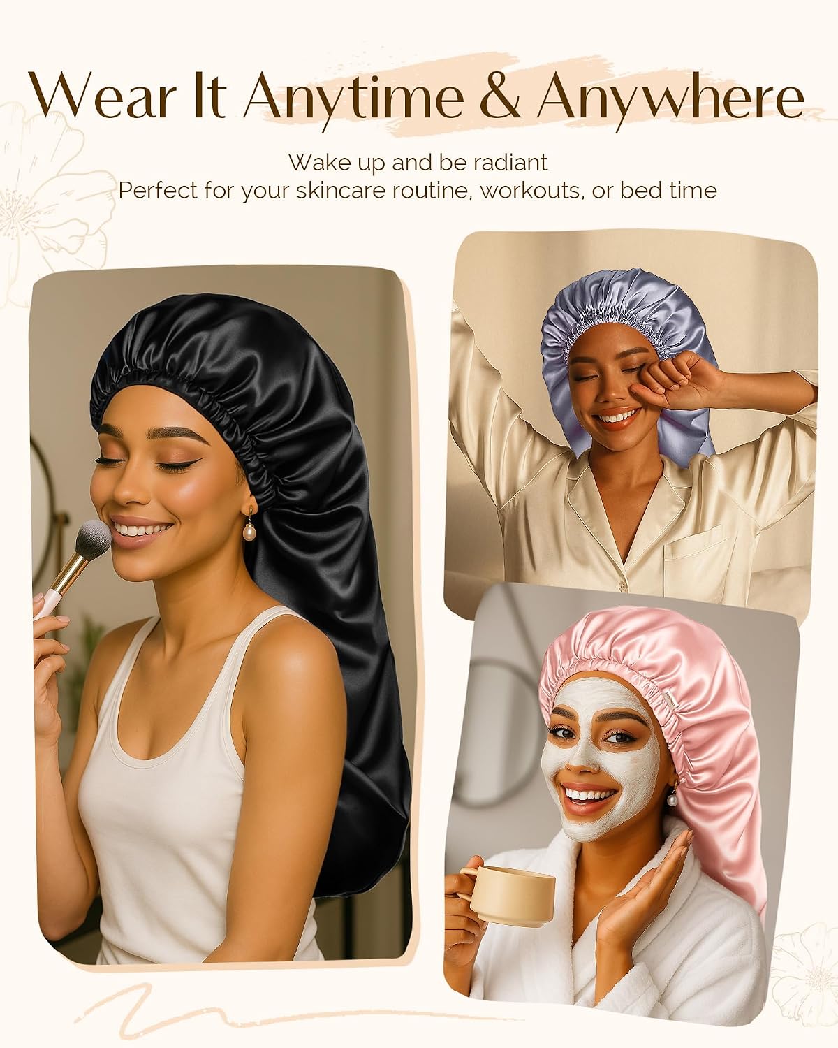 YANIBEST Satin Sleep Bonnet for Natural Hair - Extra Double Layer Long Adjustable Silk Hair Bonnet for Braids, Locs, Curls - Women’s Night Hair Protection Cap