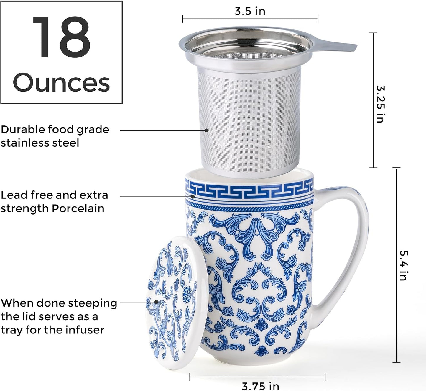 AmorArc Porcelain Tea Mug with Infuser and Lids, 18 Oz Large Cup Strainer with Bag Holder for Loose Leaf Tea, Steeping Coffee Mug for House-warming Wedding Birthday Gift
