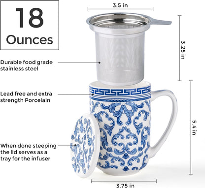 AmorArc Porcelain Tea Mug with Infuser and Lids, 18 Oz Large Cup Strainer with Bag Holder for Loose Leaf Tea, Steeping Coffee Mug for House-warming Wedding Birthday Gift