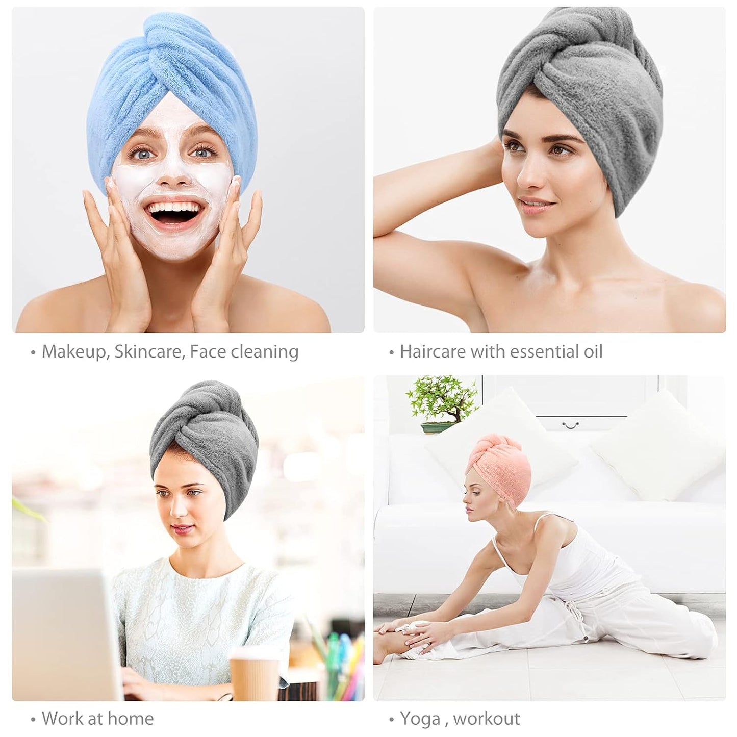 2 Pack Microfiber Hair Towel - 41 x 24 inches Super Soft, Absorbent, Fast Drying Without Frizz Hair Towel Wrap for Women Long, Thick, Curly Hair - Hair Turbans with Elastic Strap