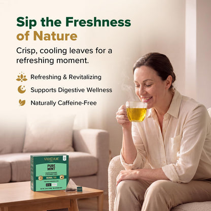 VAHDAM, Pure Mint Herbal Tea (100 Pyramid Tea Bags) Caffeine Free, Non GMO, Gluten Free | Blend of Spearmint & Peppermint - Sweet & Minty | Resealable Ziplock Pouch