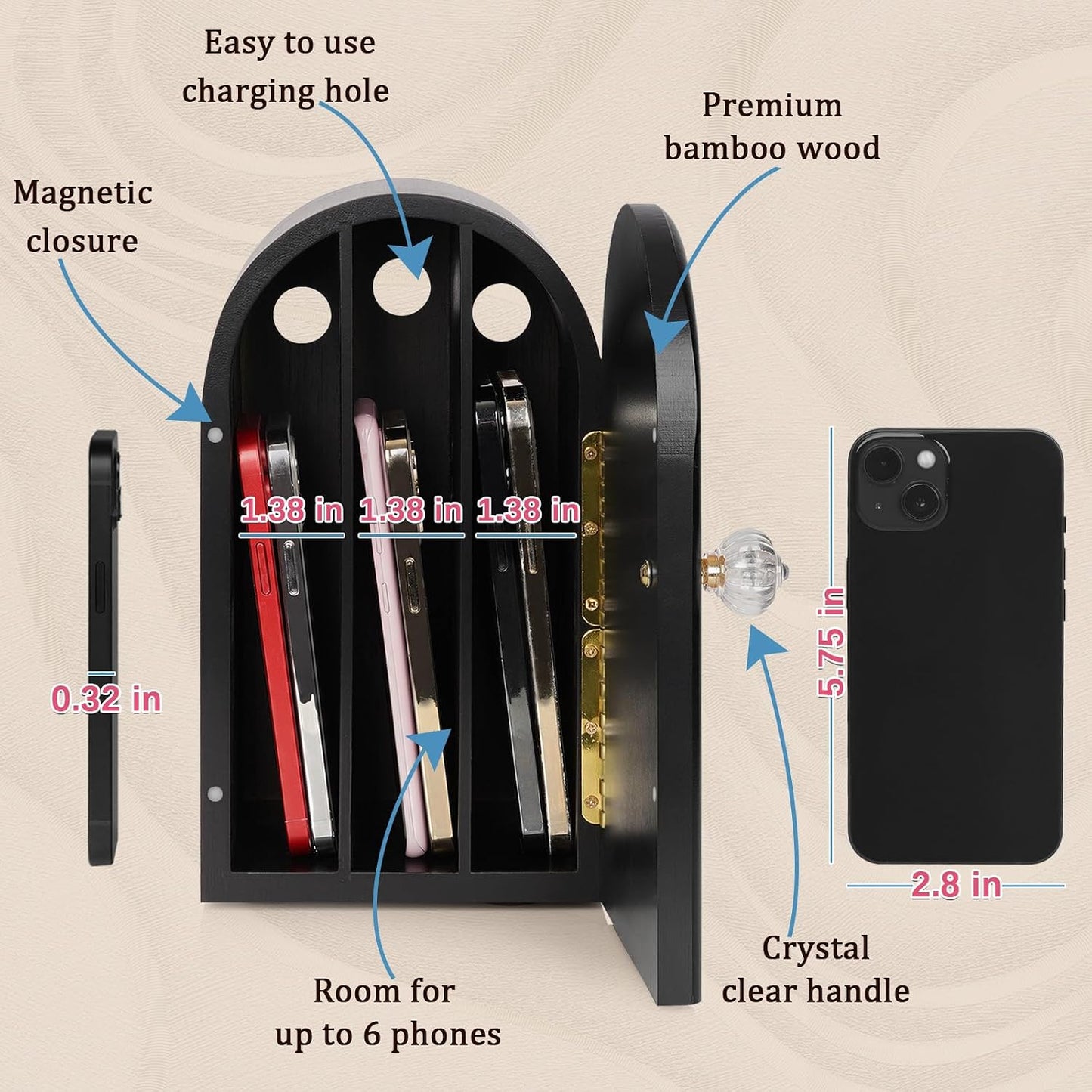 Phone Box for Family Time, Bamboo Cell Phone Jail, 3 Sections Hold 6 Phones, with Charging Holes, Phone Holder Self-Discipline Box, Help Kids Adults Focus Back, Mobile Phone Addiction (White)