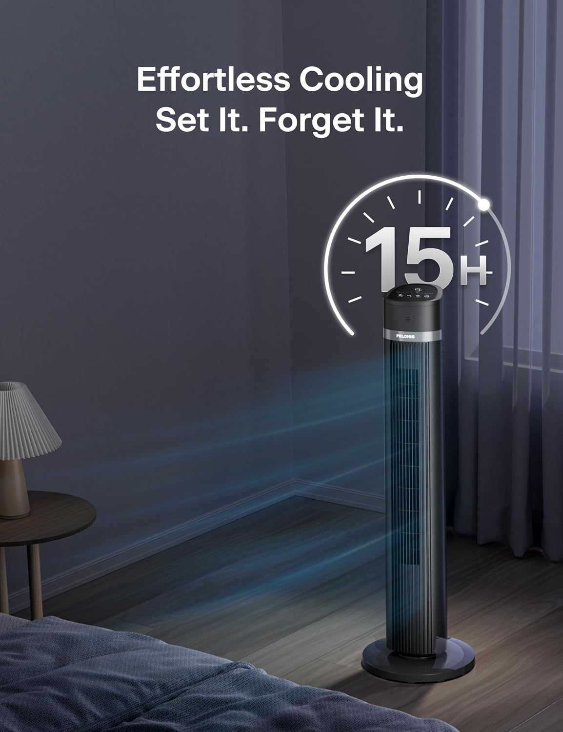 PELONIS 40 inch Bladeless Tower Fan for Bedroom, Standing Fan with Remote Control, 26ft/s, 90° Oscillation, 3 Speed Settings, 27dB, 3 Modes, 15-Hour Timer, LED Display, Fan that Blows Cold Air, White
