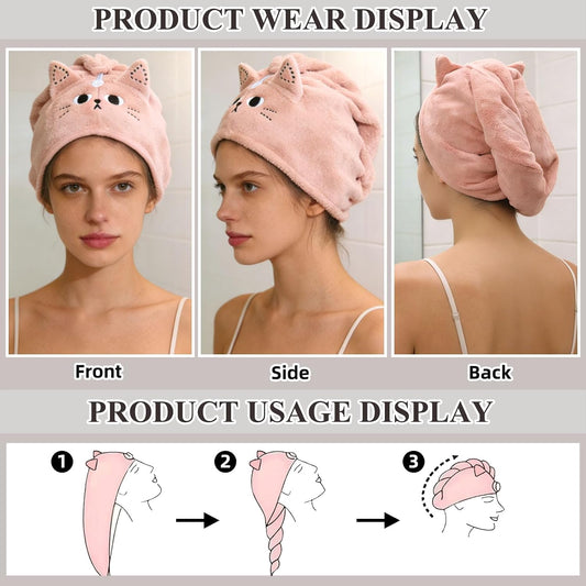 2Pack Microfiber Hair Towel Wrap for Kids, Cute Cat Absorbent Hair Drying Turbans Head Towels for Women Girls (Pink and Gray cat)
