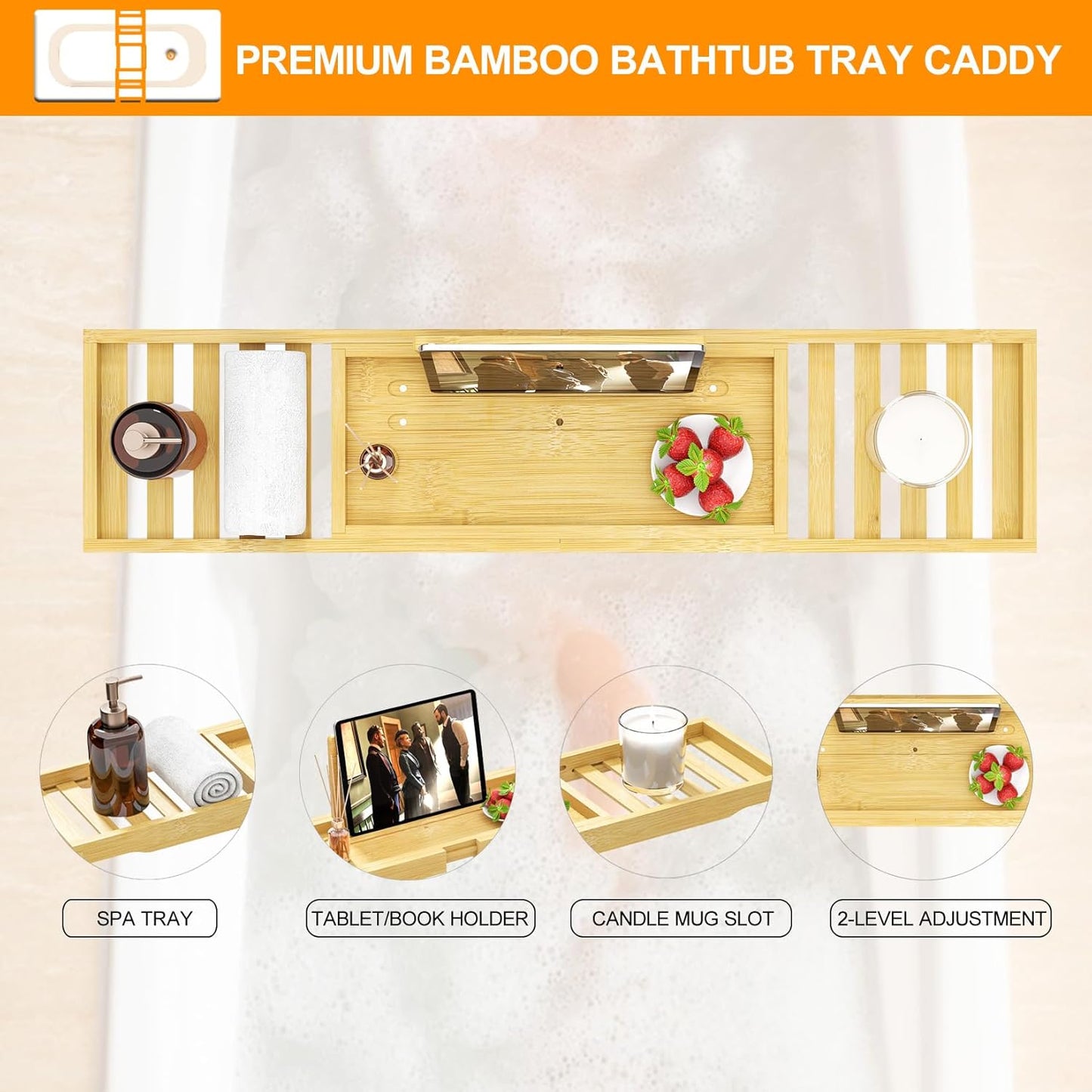 Premium Bamboo Bathtub Tray Caddy - Bath Tub Tray Table for Bathtub - Bath Caddy Tray for Bathtub, Expandable Size, Fits Most Bath Tubs