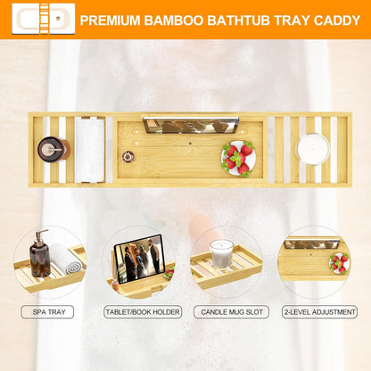 Premium Bamboo Bathtub Tray Caddy - Bath Tub Tray Table for Bathtub - Bath Caddy Tray for Bathtub, Expandable Size, Fits Most Bath Tubs