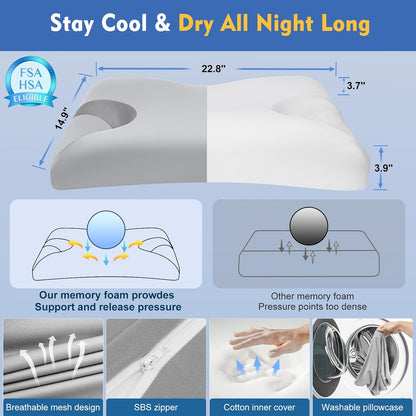 IKSTAR HSA/FSA Cooling CPAP Pillow for Side Sleepers - Sleep Apnea Pillow for CPAP User - Reduce Air Leak/Hose Tangle/Mask Pressure - Memory Foam Neck Support Nasal Pillows Side/Back/Stomach Sleeper