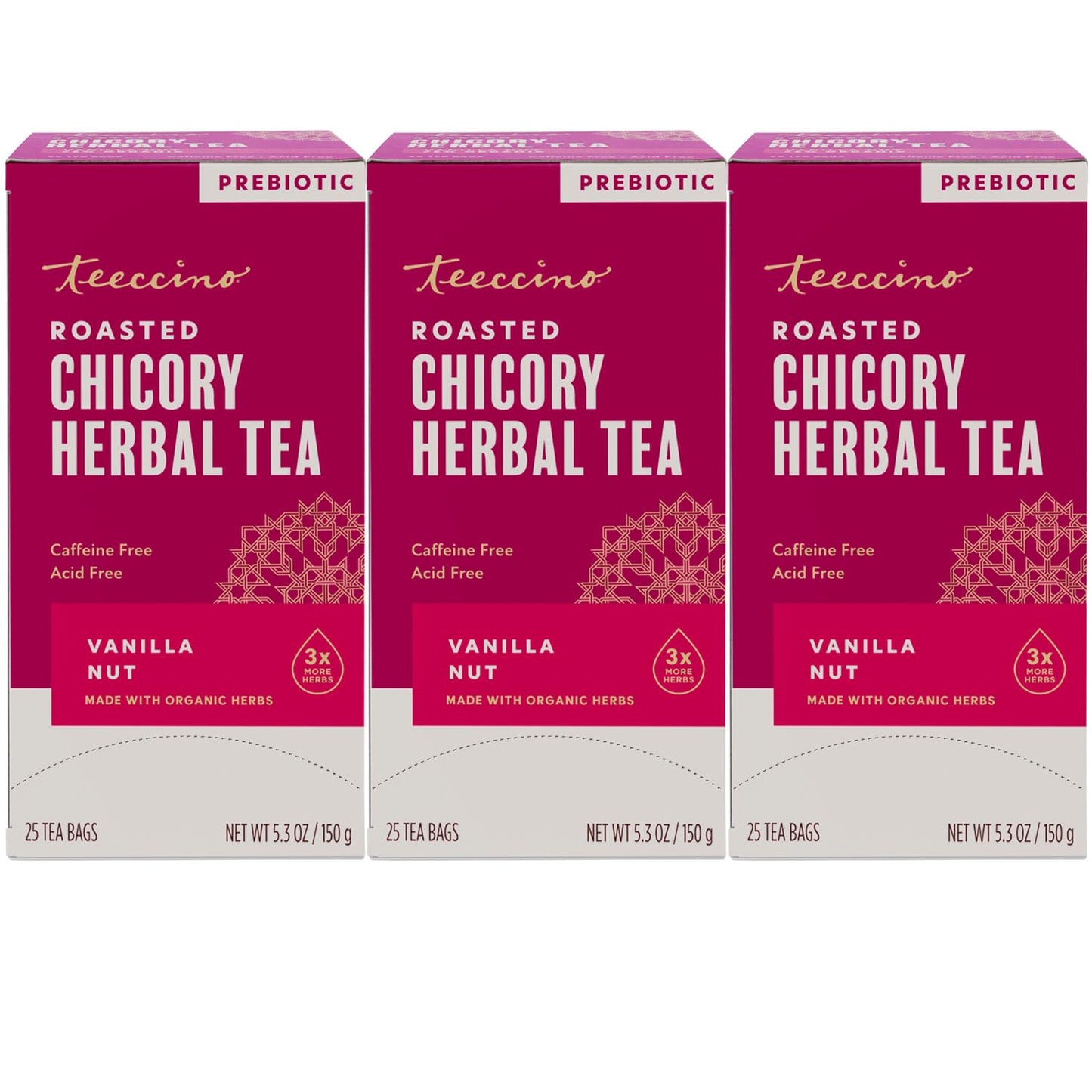 Teeccino Holiday Herbal Tea Sampler Assortment - Candy Cane, Gingerbread, Snickerdoodle - Caffeine-Free Holiday Dessert Teas with Prebiotic Chicory, 12 Tea Bags