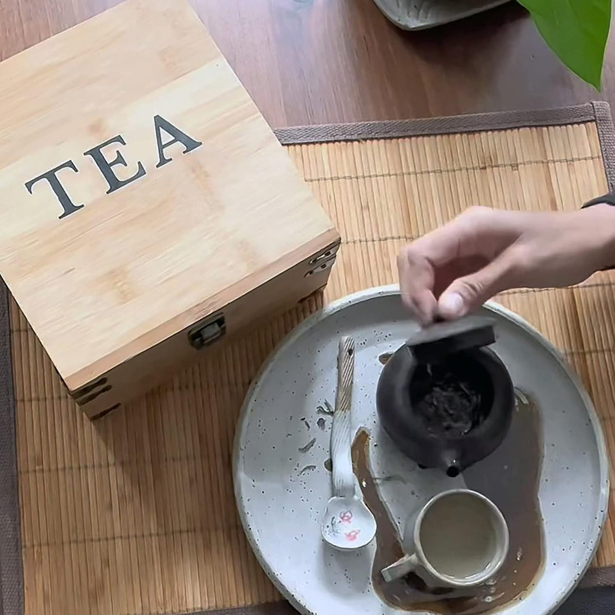Tea Organizer Box Food Safe Chemical Free Bamboo Wood Storage Chest Big, Tall, Adjustable Cubbies (8-Slot 14.3" x 8.1" x 4.2" with TEA print design)