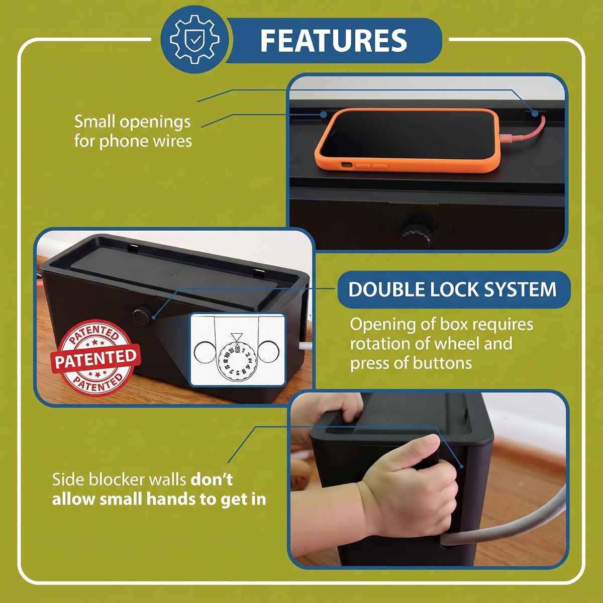 Power Strip Cover Box - Effectively Baby Proofs Power Strip with Patented Dual Lock. Convenient Side Openings for Cords & Cables. Protects Small Hands & Fingers