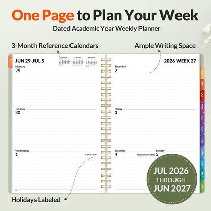 SUNEE Academic Planner 2026-2027 – Weekly & Monthly Planner, July 2026 to June 2027, 6.4"x8.3", Thick Paper, Tabs, Pockets, Bookmark, Spiral-Bound, Student Teacher Organizer, Black