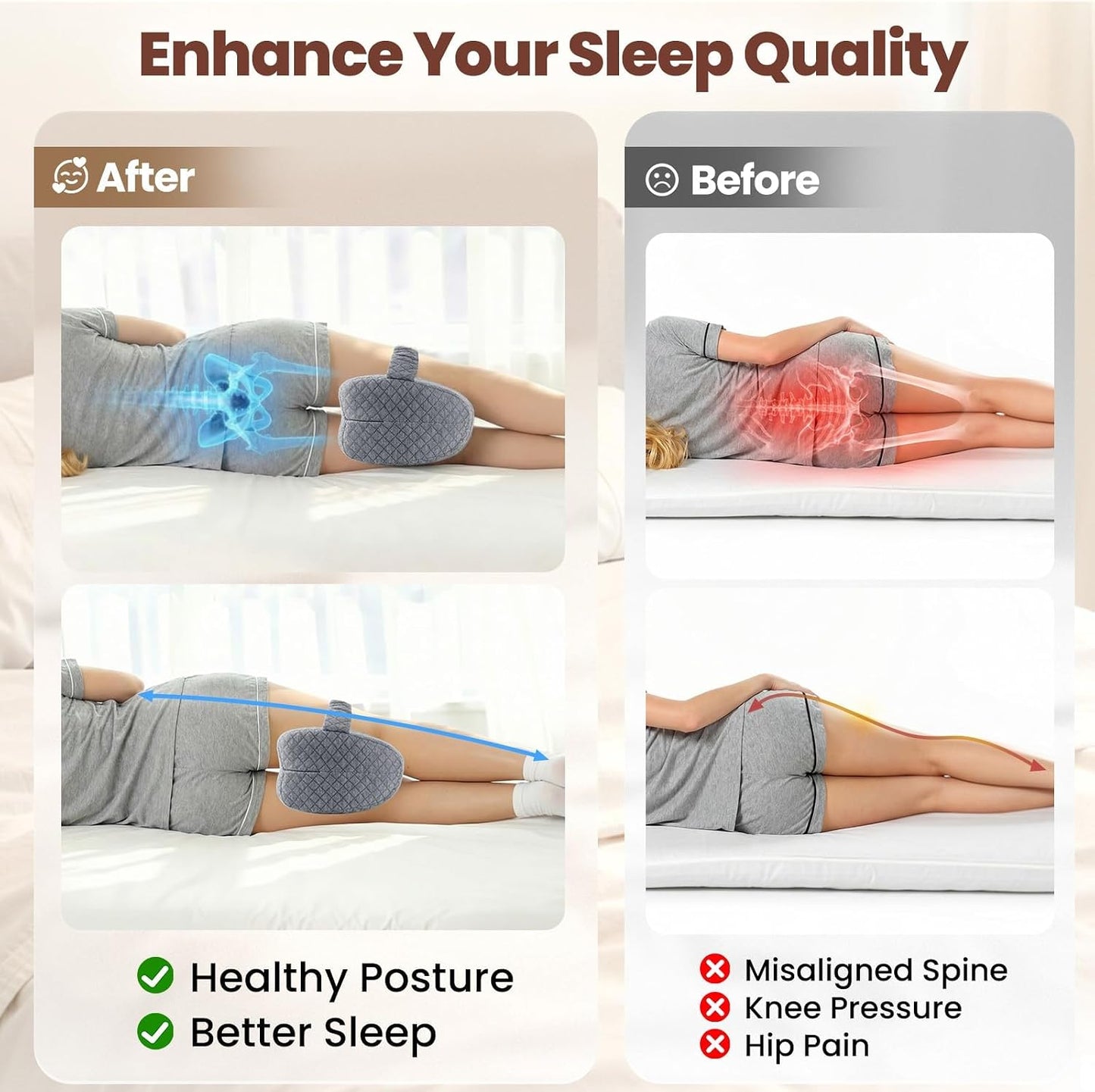 Knee Pillow for Side Sleepers, Supportive Memory Foam Leg Pillow for Side Sleeping with Elastic Strap, Heart-Shape Pillow Between Legs for Pain Relief on Sciatica, Hip Joints, Gray