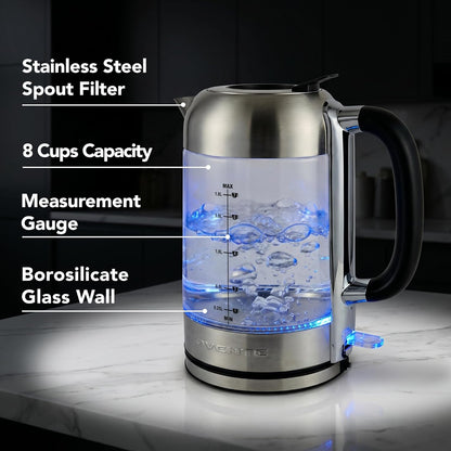 OVENTE Electric Kettle, 1.8L Glass Tea Kettle & Stainless Steel BPA-Free Cordless Electric Kettle, 1500W Fast Boil Electric Pot with Easy-Fill Lid, Auto Shut-Off & Boil Dry Protection, Silver KG751S