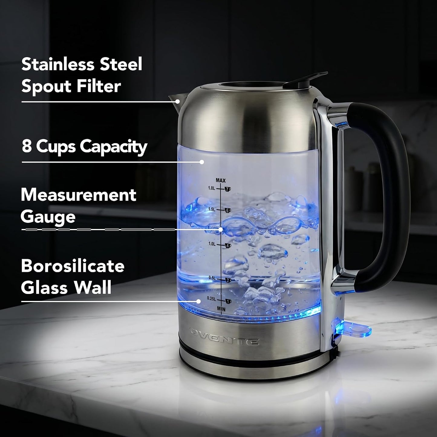 OVENTE 1.8L Glass Electric Kettle Water Boiler, Silver KG751S