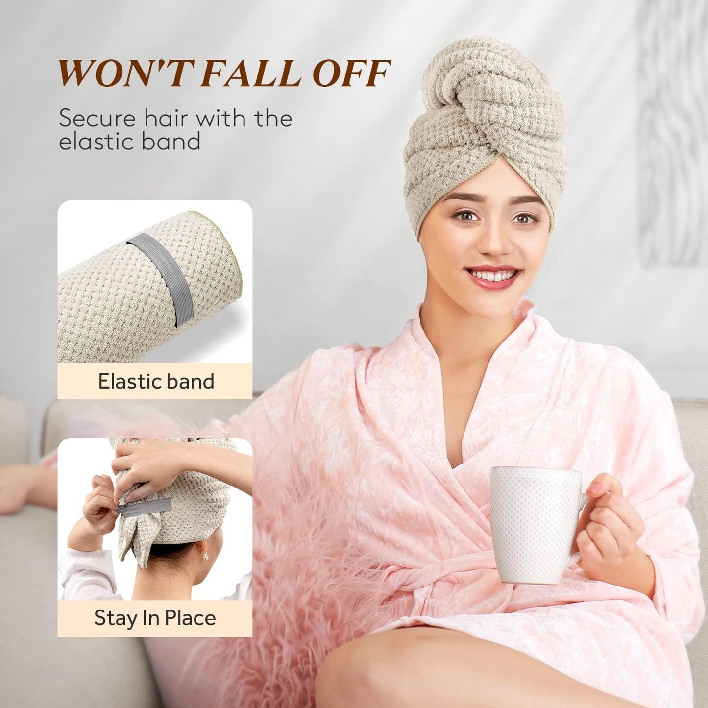 YFONG Large Hair Towel Wrap for Women, Super Absorbent Microfiber Hair Towel for Curly Hair, Fast Drying Hair Turbans with Elastic,Hair Drying Towel Wrap for Hair Care 26.3" X 40" (Blue)