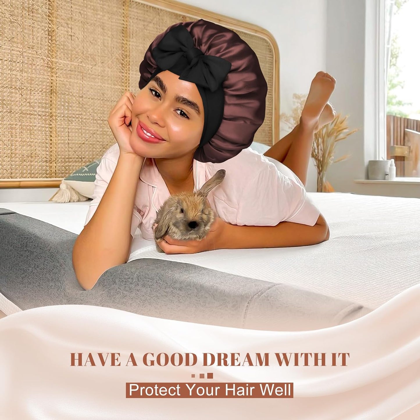 Satin Bonnet for Sleeping Cap Double Layer Hair Bonnet with Elastic Tie Band for Curly Hair Night Cap (Bean Paste + Pink)