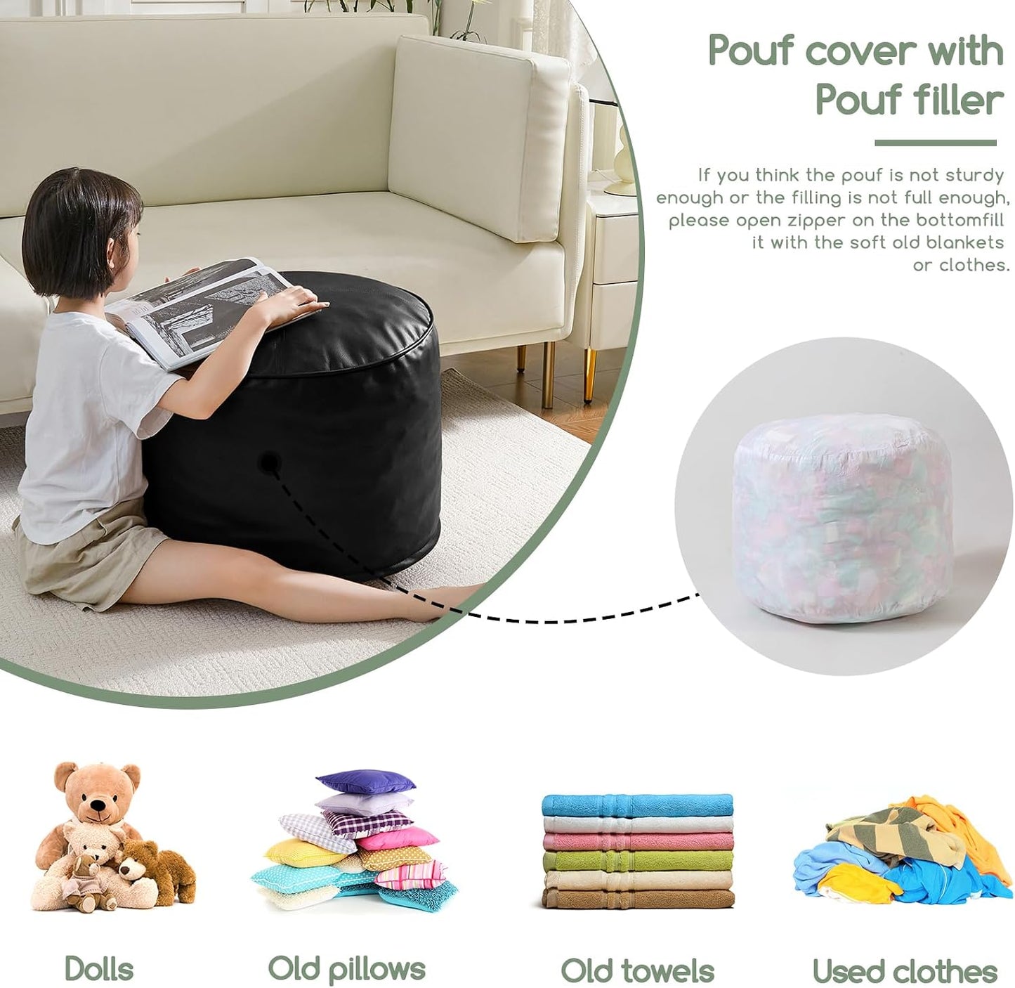 HIGOGOGO Round Stuffed Pouf Ottoman, Pu Leather Poufs with Foam Chunk Filling, Furry and Fluffy Pouf Foot Stool Storage Ottoman, 20 X 15 Floor Poufs Foot Rest for Living Room,Dark Brown