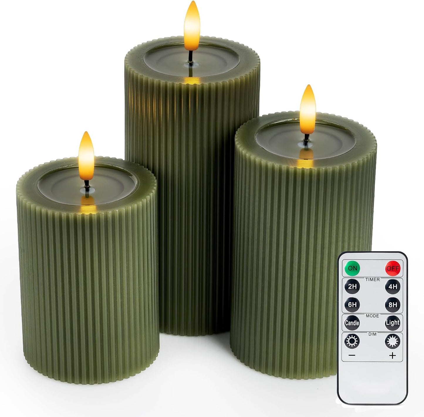Ribbed Fluted Real Wax Flameless LED Pillar Candles, Loden Sage Olive Green, Melted-Wax Top Look, Flickering Flame, Battery Operated, Remote & Timer, Shelf & Wedding Decor (Set of 3)
