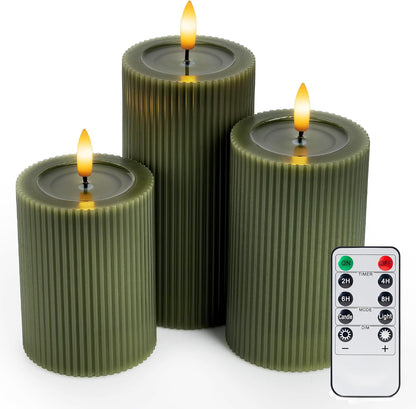 Ribbed Fluted Real Wax Flameless LED Pillar Candles, Loden Sage Olive Green, Melted-Wax Top Look, Flickering Flame, Battery Operated, Remote & Timer, Shelf & Wedding Decor (Set of 3)
