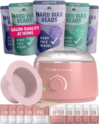 Tress Wellness Award Winning Waxing Kit for Sensitive Skin, Safe for Face & Skin, Easy to Use, At-Home Kit for Face, Bikini, Brazilian & Full Body - Digital Display, Black Purple Flower