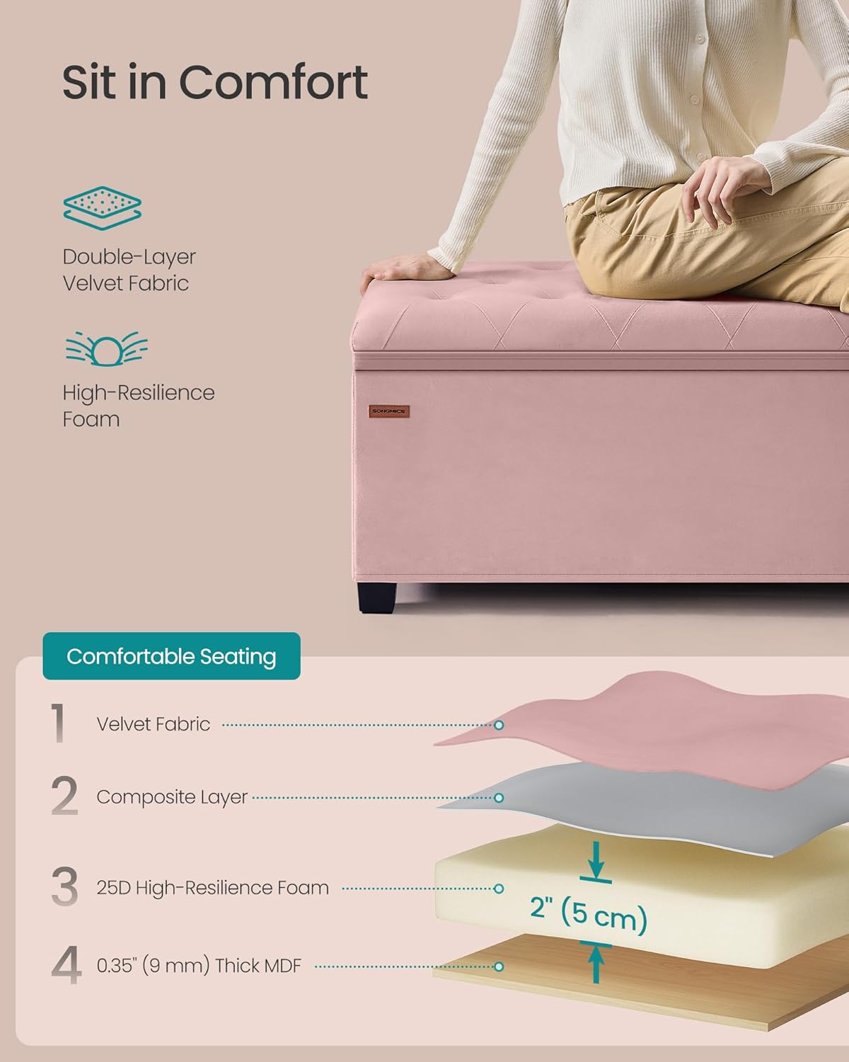 SONGMICS Storage Ottoman Bench, Foot Rest with Legs, 15.7 x 43.3 x 15.7 Inches, End of Bed Bench, Storage Chest, Load up to 660 lb, for Living Room, Bedroom, Entryway, Dark Gray ULSF088G01