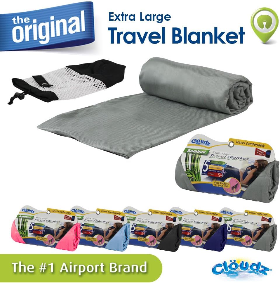 Cloudz Extra Large Airplane Travel Blanket for Your Flight, Car, Camping, Home or Comforting Warmth Anywhere! Includes Warm Cozy Pockets for Your Feet and a Travel Bag - Charcoal