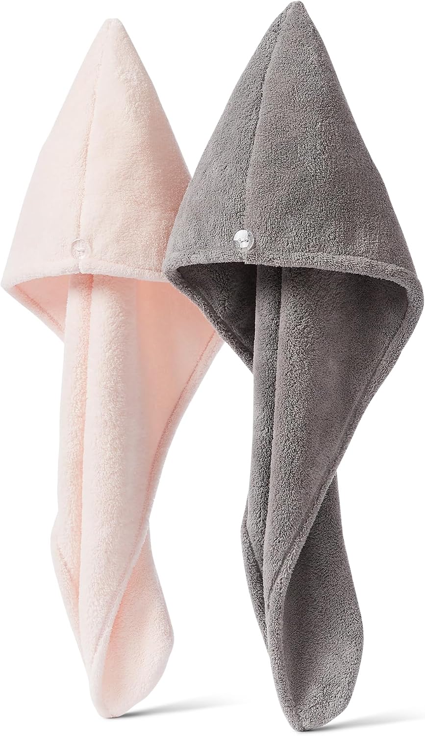 Amazon Basics Quick Dry Microfiber Hair Towel Wrap, Hair Drying Towel, Grey/Beige, 2-Pack