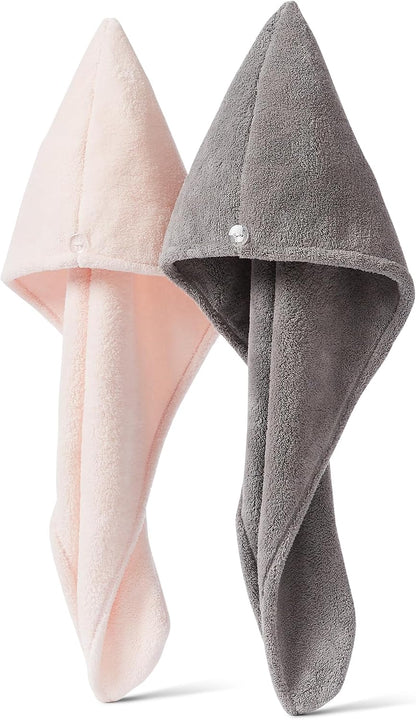 Amazon Basics Quick Dry Microfiber Hair Towel Wrap, Hair Drying Towel, Grey/Beige, 2-Pack
