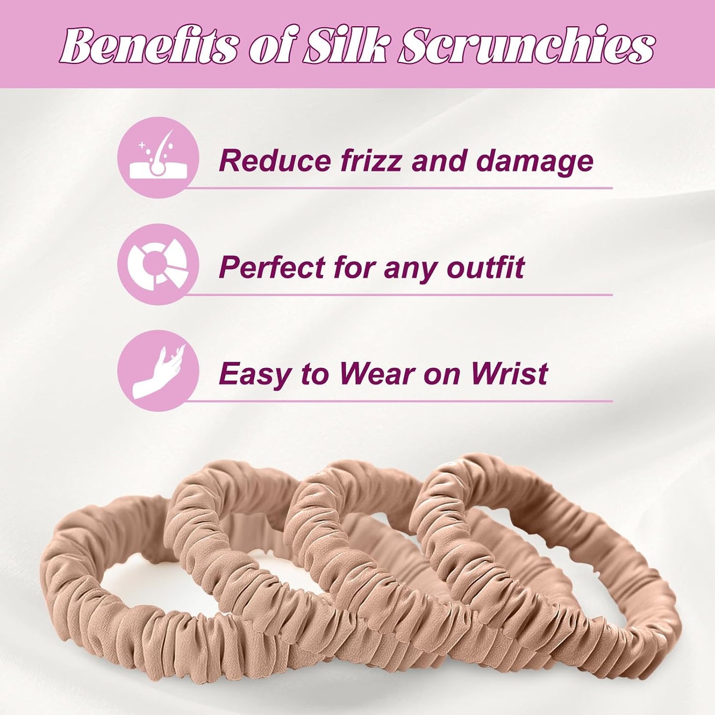 4Pcs Mulberry Silk Scrunchies Set, Silk Hair Ties Elastic for Women, Skinny Scrunchies Reduces Breakage for All Hair Types