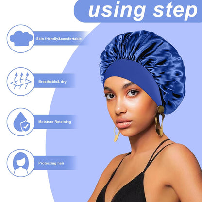 4PCS Silk Satin Bonnets for Black Women & Men - Elastic Wide Band Hair Wrap Cap for Curly Hair - Shower Cap for Sleeping (Black, Peacock Blue, Pink, Khaki)