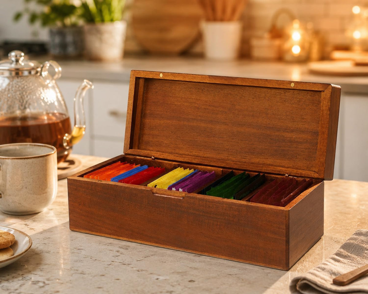 SEVENY Wooden Tea Bag Organizer Box with 4 Compartments